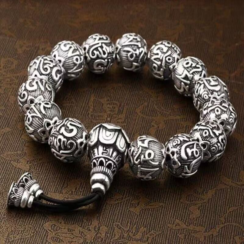 New Product#[30Hot Sale1540Pieces]Vintage999Pure Silver Bracelet for Men with Mantra, Sanskrit Pixiu