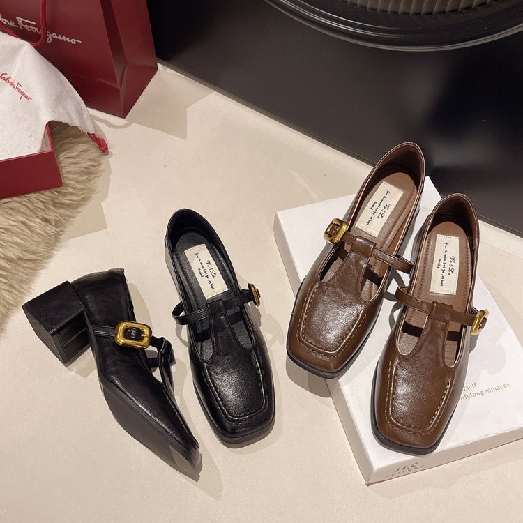 JA1 Retro Women Heel Shoes Chunky Heel Ankle-Strap Buckle High Heels (6-18cm)Rubber