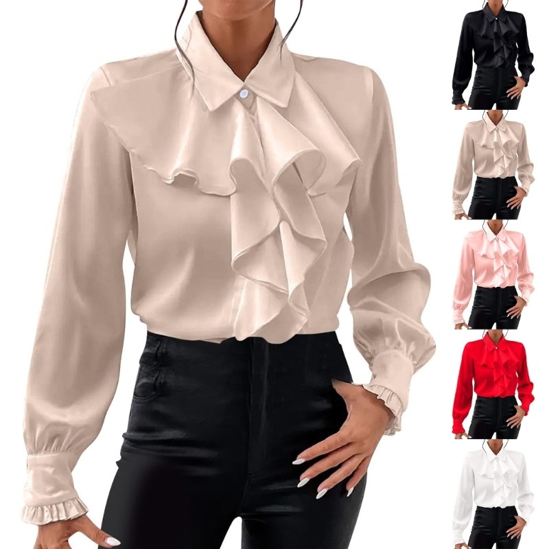 Mojito ผู้หญิง Dressy Ruffle เสื้อแขนยาวคอปุ่มลง Victorian เสื้อ Tops