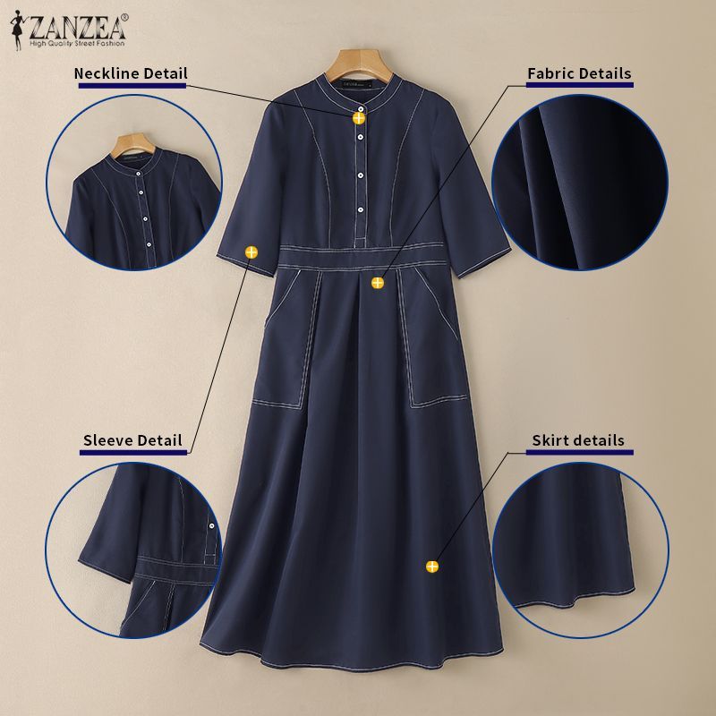 ZANZEA ผู้หญิงเกาหลีวินเทจลําลองคอตั้งกลางแขนครึ่งกระดุมสีตัดกัน Midi Shirtdresses — صورة 7