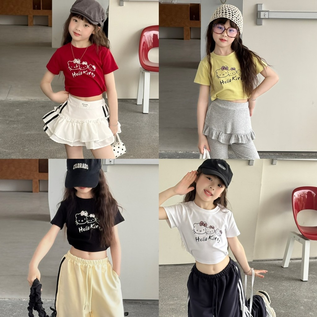 PRETTY BABY เสื้อยืดเด็ก เสื้อคอกลม ทรงครอป เชือกรูดเอว ลายการ์ตูน(2216)
