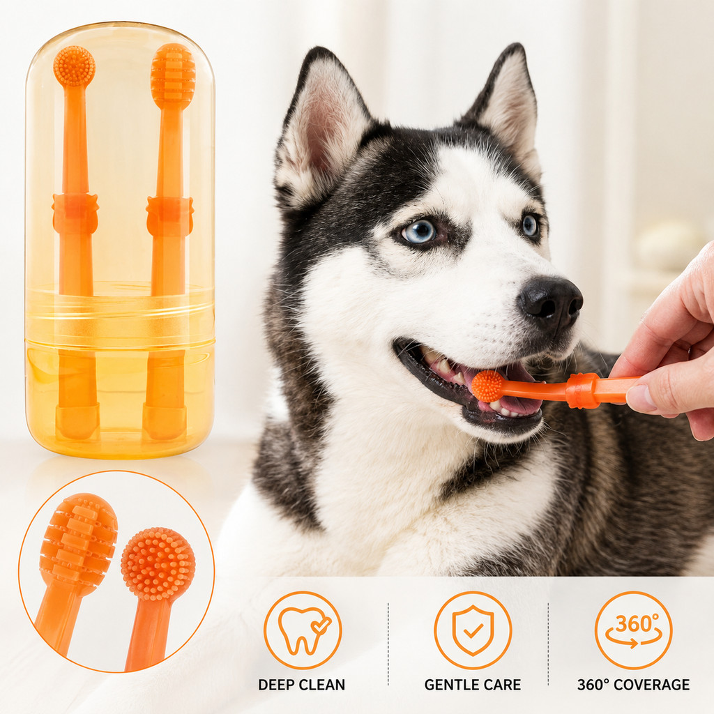 ชุดแปรงสีฟันสุนัข 360 องศาซิลิโคน Deep Clean Pet Oral Care เครื่องมือสําหรับสุนัขแมวสุนัขพันธุ์เล็กซิลิโคนเกรดอาหารคู่หัวแปรงสีฟันสัตว์เลี้ยง 360 + หัวแปรงพื้นผิว