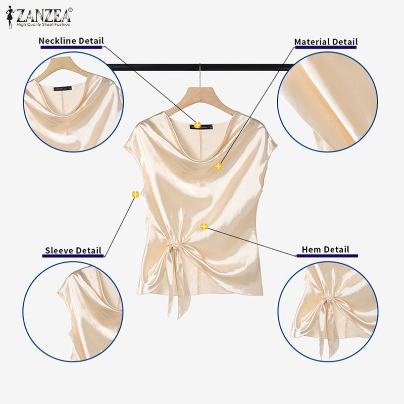 Zanzea ผู้หญิงเกาหลีสันทนาการซาติน Draped คอไม่สม่ําเสมอ Hem Twisted Knot เสื้อยืดแขนสั้น Presale — صورة 7