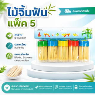ไม้จิ้มฟัน ไม้จิ้มฟันไม้ไผ่ แพ็ค 5 กระปุก คละสี ใช้งานง่าย  ของใช้ในบ้าน