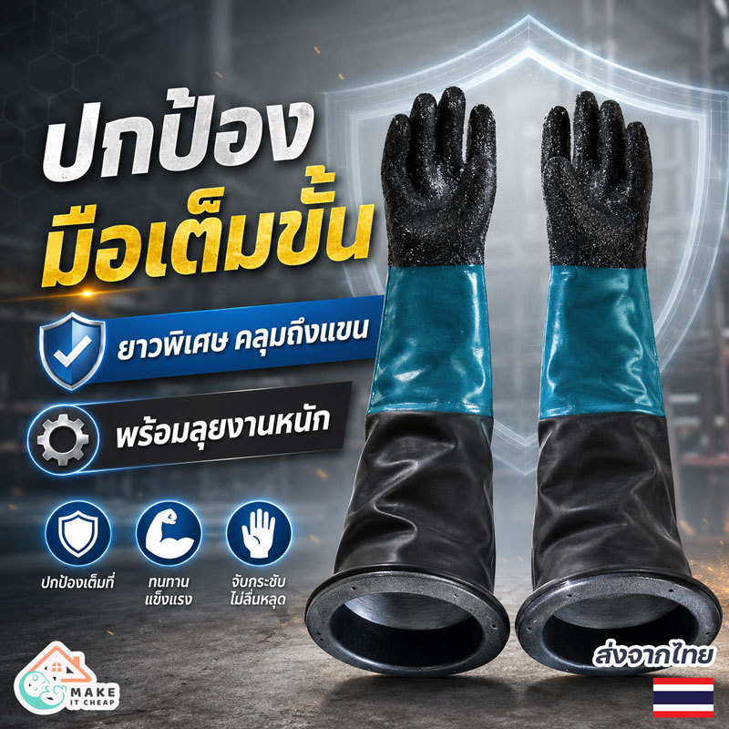 ถุงมือพ่นทราย ถุงมือกันสารเคมี ยาวพิเศษ ทนทาน กันฝุ่น กันแรงกระแทก ใช้กับตู้พ่นทราย โรงงาน งานช่าง