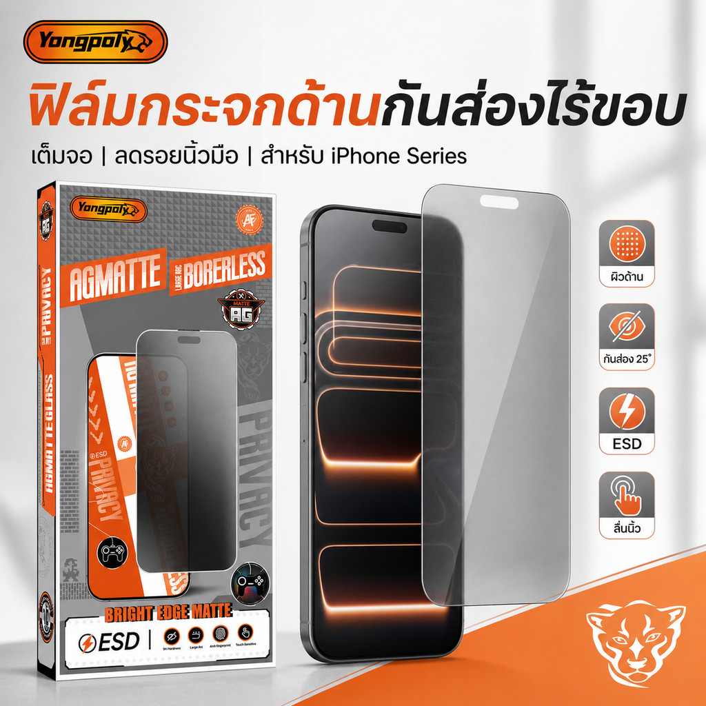 ฟิล์มกระจกเต็มจอไร้ขอบด้าน+กันมองESD กันไฟฟ้าสถิตย์  สำหรับ IPHONE 11 XR 12PRO 17AIR 16PLUS 17PROAMX 1315PROMAX 16PROMAX