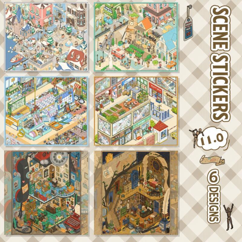 WEI 6 ชิ้น [Town Series] สติกเกอร์ภูมิทัศน์ขนาดใหญ่พิเศษ Mailroom ร้านขายของชําเครื่องเขียนสมุดภาพวารสารอุปกรณ์