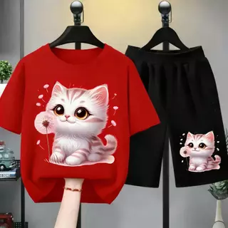 [COD]New!!!*2026-ชุดเสื้อยืดเด็กหญิง เสื้อยืดเด็กหญิง ชุดเสื้อเด็กหญิง เสื้อยืดเด็กหญิงชุดสั้น ลาย แมว ดอกหญ+（ชุดเสื้อยื