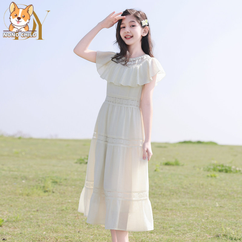 NONO พร้อมสต็อก 3-15 ปีเด็กสไตล์ใหม่ปิดไหล่เย็บ A-Line สไตล์เกาหลีสาวน้อยแฟชั่นเจ้าหญิงสาวเด็กใหญ่ชุด