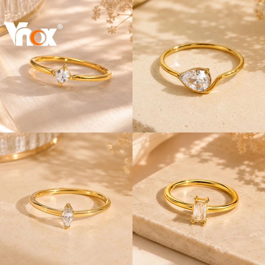 Vnox แหวนแต่งงานและแหวนหมั้นสแตนเลสสําหรับผู้หญิง, คอลเลกชันเจ้าสาว Cubic Zirconia ที่เป็นประกาย, เครื่องประดับสัญญาสารก
