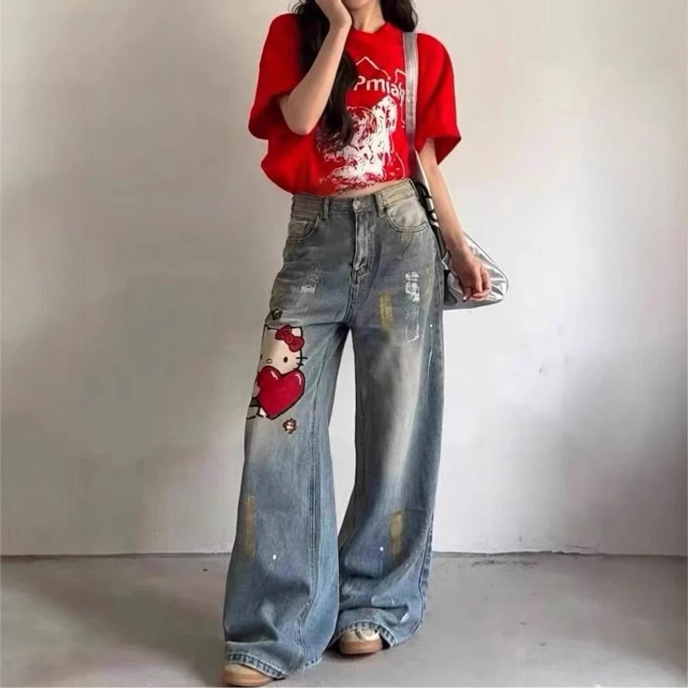 [OG] Global Shopping ฤดูร้อน Chanel กางเกงยีนส์ Heavy Industry Splash Ink การ์ตูน Hello Kitty Nostal