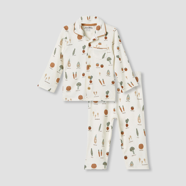 Babyshop Juniors Boys Pyjamas Set พิมพ์ลายผัก - Cotton - แขนยาว - คอปก - สีน้ําตาลเข้ม