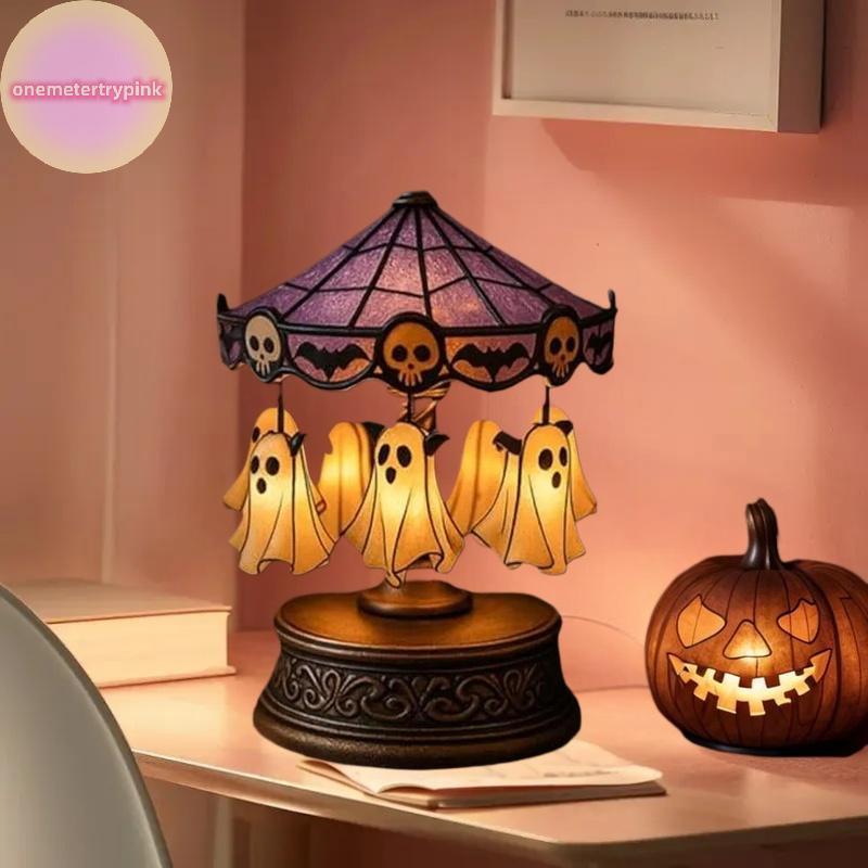 ONEPINK ฮาโลวีน Ghost Carousel Night Light Ghost Night Light Stained Glass Carousel Night Light สําห