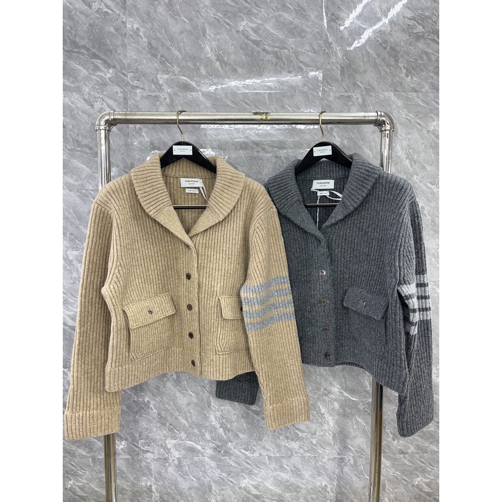 91VO TB# New Women's Wool Four-Bar Knit Cardigan Small Fragrance Style Turn-Down Collar Fashion Blaz