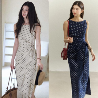 poppy#ชุดเดรสผู้หญิง เดรสยาวทรงเสื้อกั๊ก ลายจุด แขนกุด ผูกข้…