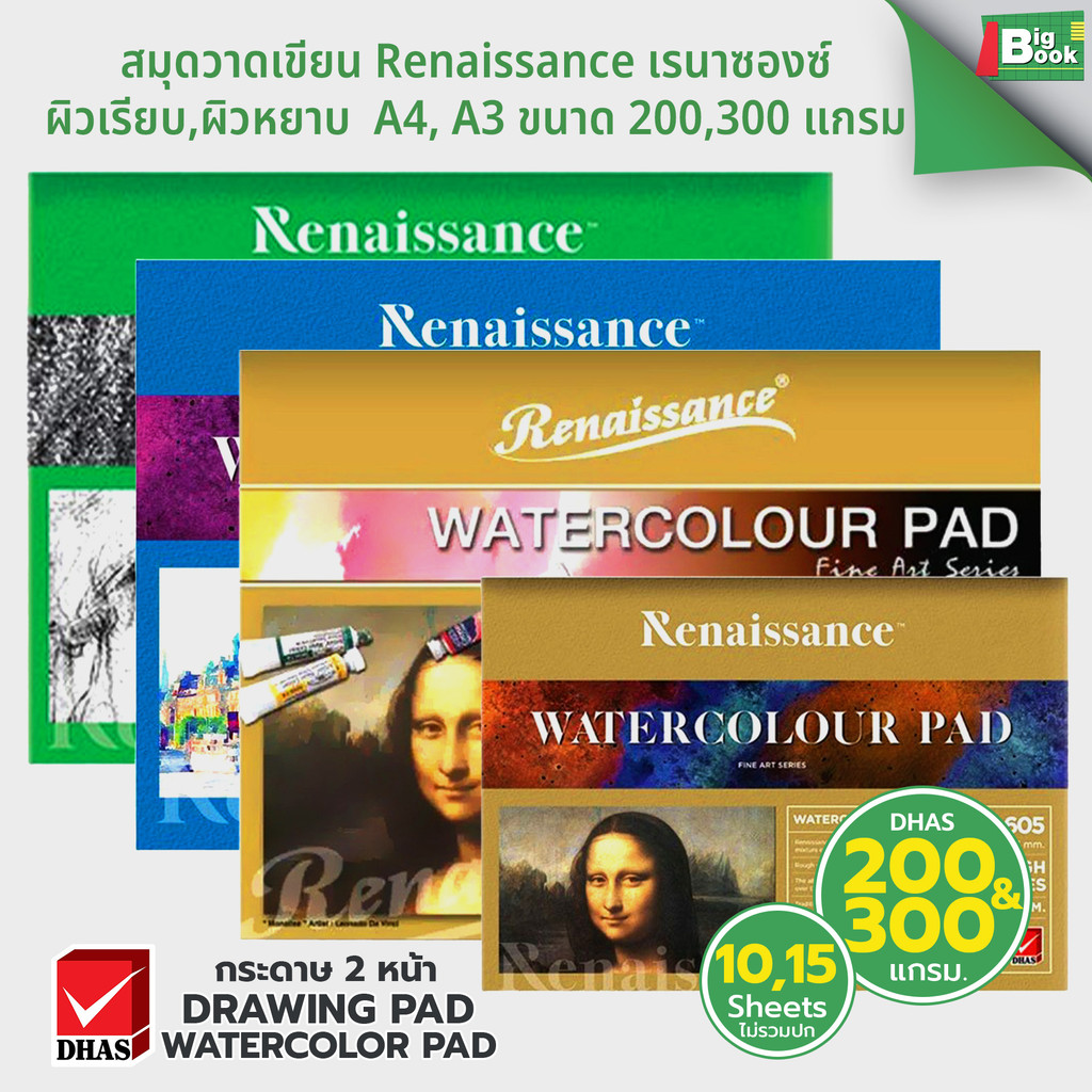 สมุดวาดเขียน Renaissance เรนาซองซ์ ผิวเรียบ,ผิวหยาบ ขนาด A4, A3 ขนาด 200,300 แกรม
