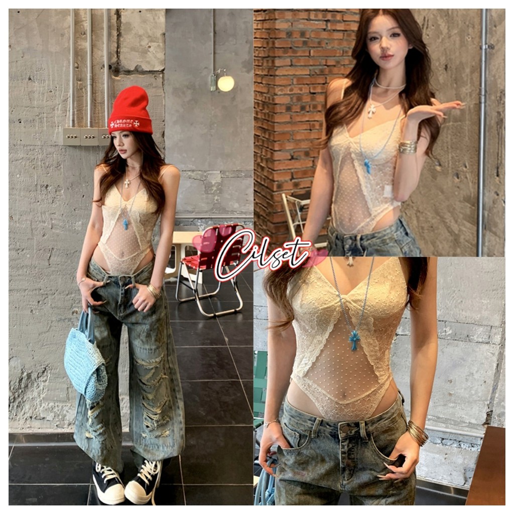 Cilset🌸พร้อมส่ง🌸【 บอดี้สูทลายลูกไม้】สีครีม ชีฟองบางเบา ใส่รัดรูปเซ็กซี่  FY5078