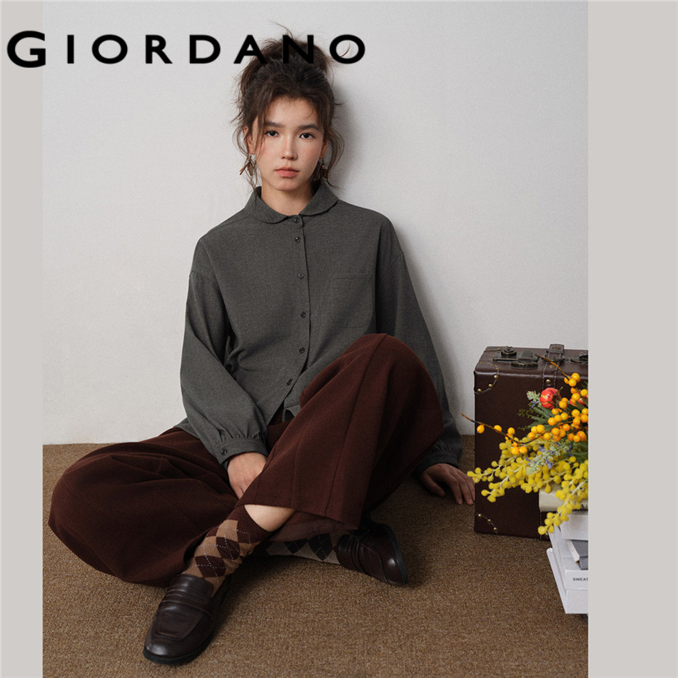 GIORDANO WOMEN Doll collar puff long sleeve loose shirt 18345229