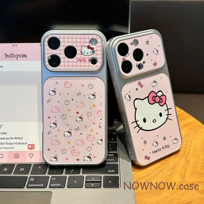 สําหรับ IPhone 17 16 15 14 Plus 13 12 11 Pro Max X XR XS Max สีชมพูสาวหัวใจน่ารัก Kitty เงินหน้าต่างขนาดใหญ่เคสโทรศัพท์ใหม่ปกอ่อน