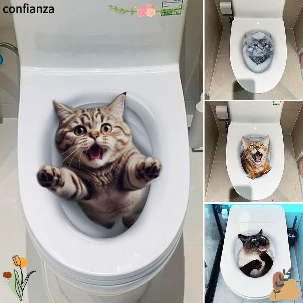 CONFIANZA สติ๊กเกอร์ติดห้องน้ํา, สติ๊กเกอร์ติดผนัง PVC กันน้ํา, สุนัขแมวตลก Self-กาว สติ๊กเกอร์ติดที่นั่งชักโครกตกแต่งบ้าน