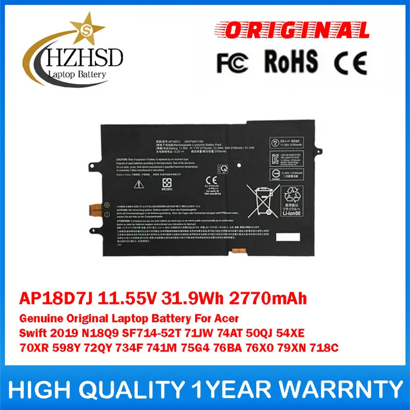 AP18D7J 11.55V 31.9Wh 2770mAh แบตเตอรี่แล็ปท็อปสําหรับ Acer Swift 2019 N18Q9 SF714-52T 71JW 74AT 50Q