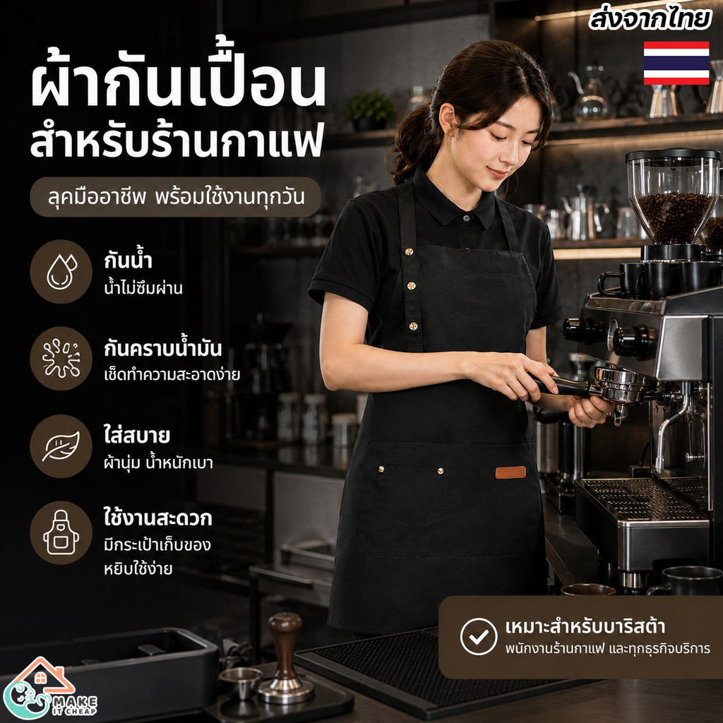 ผ้ากันเปื้อนกันน้ำ แบบเต็มตัว ผ้าใบหนา ใส่ทำอาหาร ชงกาแฟ ตัดผม งานครัว คาเฟ่ ร้านเสริมสวย