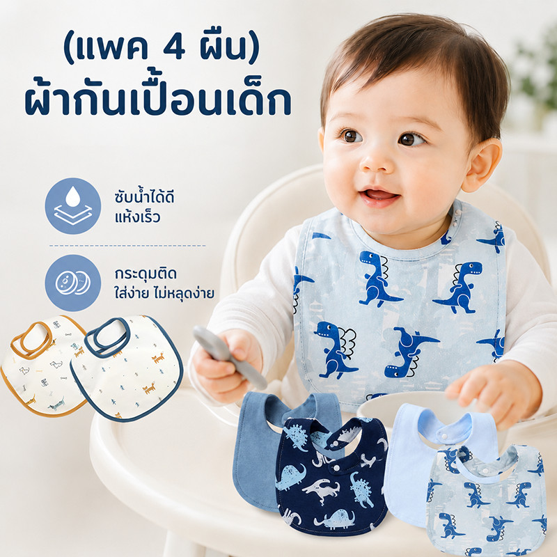 (แพค 4 ผืน) ผ้าซับน้ำลายเด็ก ผ้ากันเปื้อนเด็ก มีกระดุมติด ผ้าซับน้ำลายเด็กกันน้ำ ผ้า  ซับน้ำได้ดี