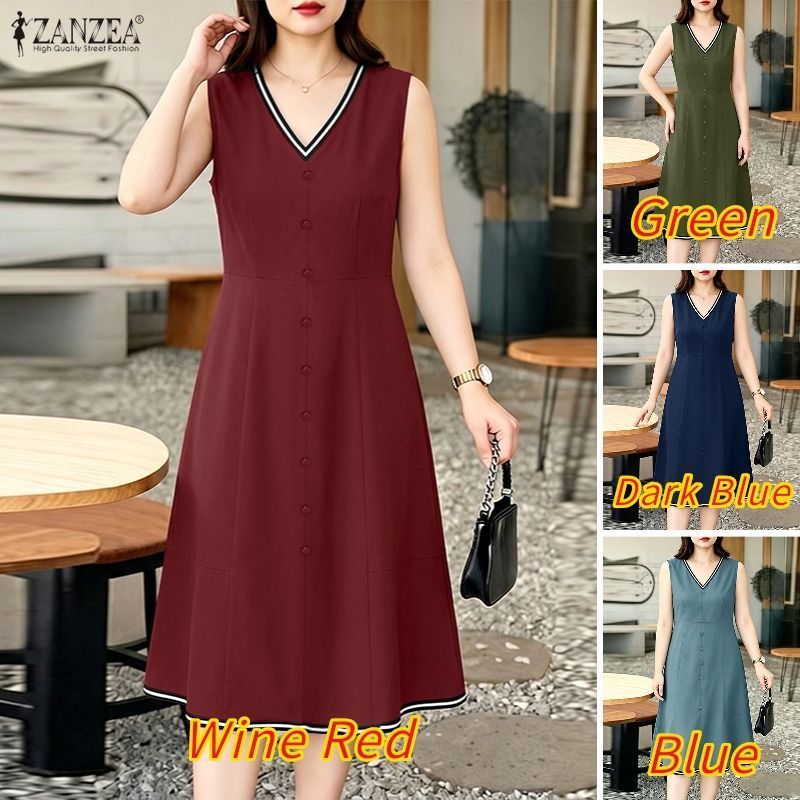 ZANZEA ผู้หญิงเกาหลี Elegant Lady V คอ Single-Breasted Contrast Edge Midi A-Line เดรสสายเดี่ยว — صورة 4