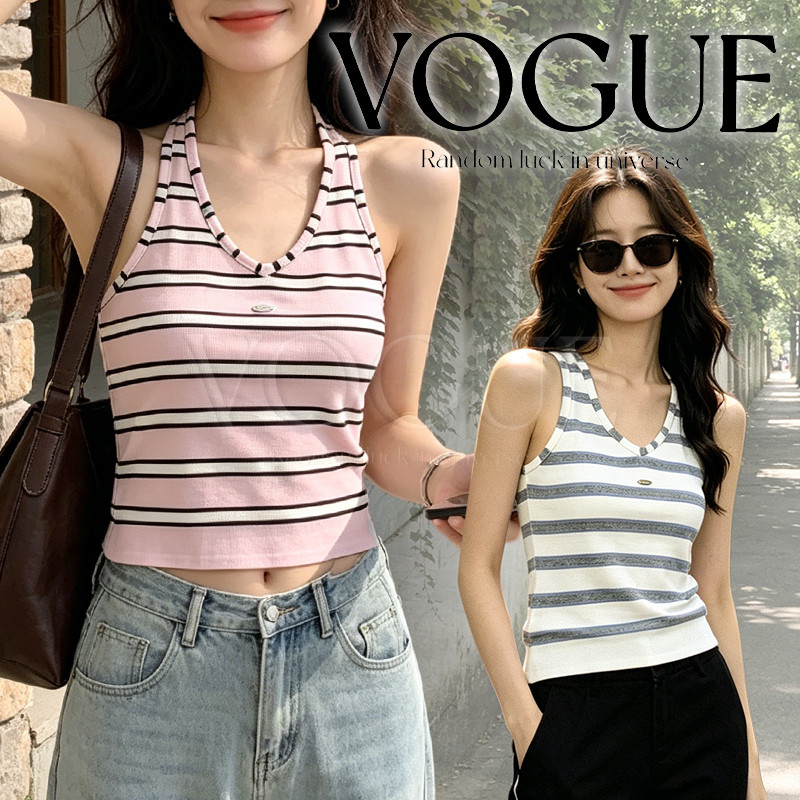 Vogue🌟พร้อมส่ง🌟 เสื้อกล้ามไหมพรม คอวีลายทาง ผ้ายืดใส่สบาย เหมาะหน้าร้อน สีสดใส (W97)