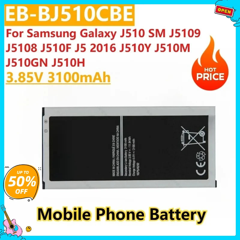 เปลี่ยนใหม่ EB-BJ510CBE 3.85V 3100mAh แบตเตอรี่สําหรับ Samsung Galaxy J510 SM J5109 J5108 J510F J5 2