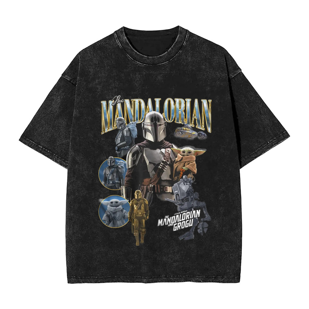 M-Mandalorians และ Grogu พ่อรูป Hipstergraphic 100% ผ้าฝ้ายหนักล้างสั้น-SLEEVE เสื้อยืด