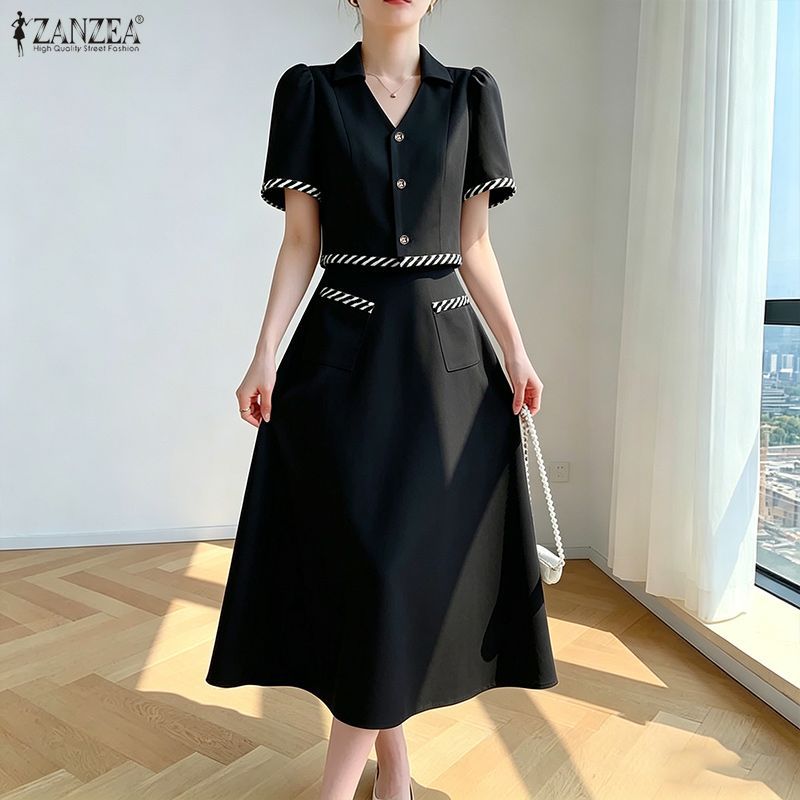 ZANZEA ผู้หญิงเกาหลีหรูหราขนาดเล็กหอมปกแขนสั้นปุ่มขึ้นเอวสูง A-Line Stripe Splic ชุด — صورة 4