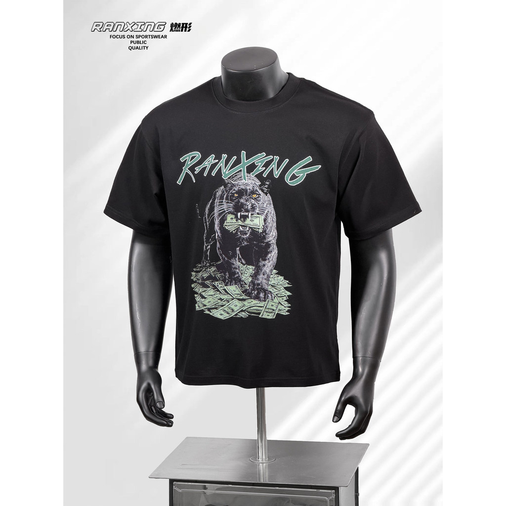 RANXING เปลวไฟ Black Panther USD พิมพ์เสื้อยืด American Retro Street รอบคอแขนสั้น 100% ผ้าฝ้ายพรีเมี