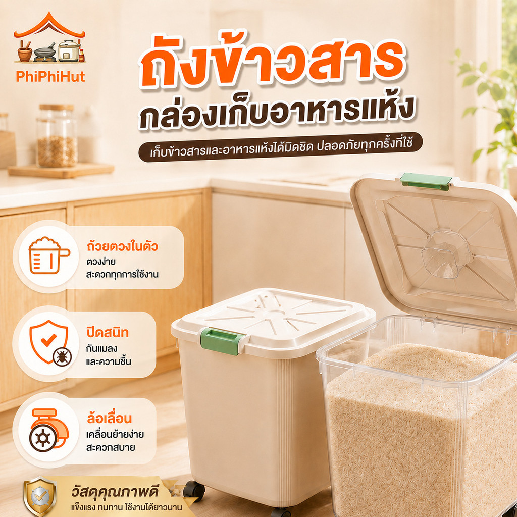 PPH ถังข้าวสาร กล่องเก็บอาหารแห้ง พร้อมถ้วยตวง มีฝาเลื่อนเปิด-ปิด ผนึกกันเเมลง มีล้อเลื่อ ความจุ 10-50 กก