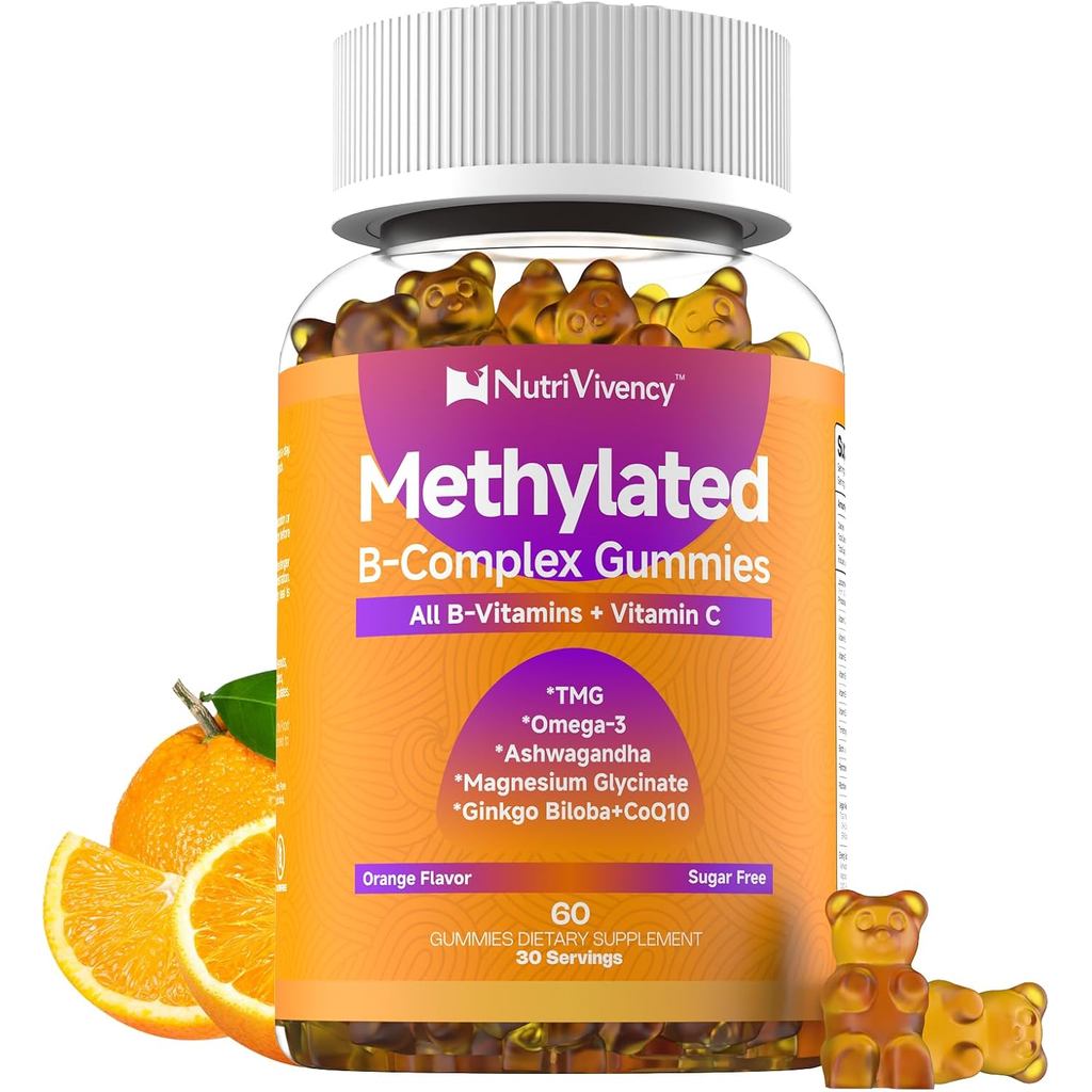 Methylated Vitamin B Complex Gummies, All B Complex Vitamins for Women Men, with Omega-3, Ashwagandh