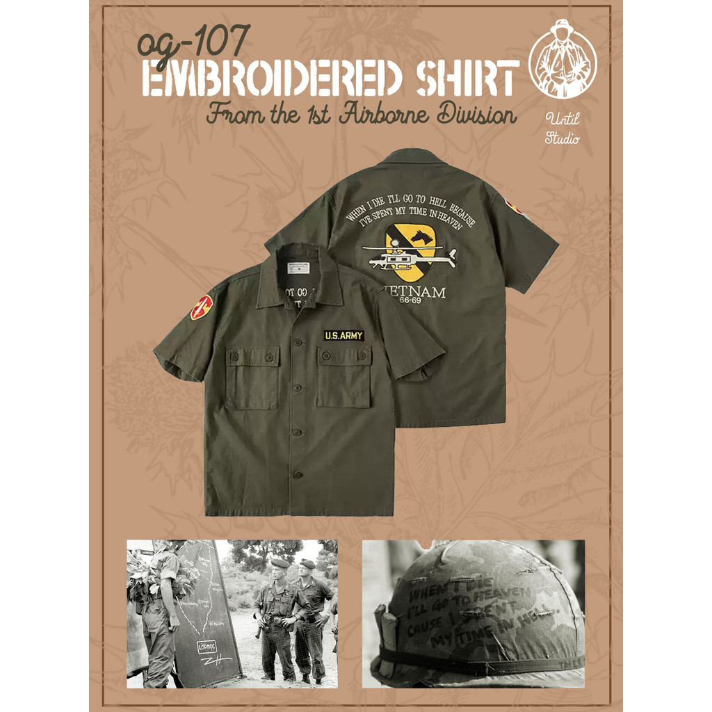 NON STOCK สงครามเวียดนาม Retro MAVC ARVN OG-107 เสื้อแขนสั้น Airborne Master ปักเสื้อผู้ชาย