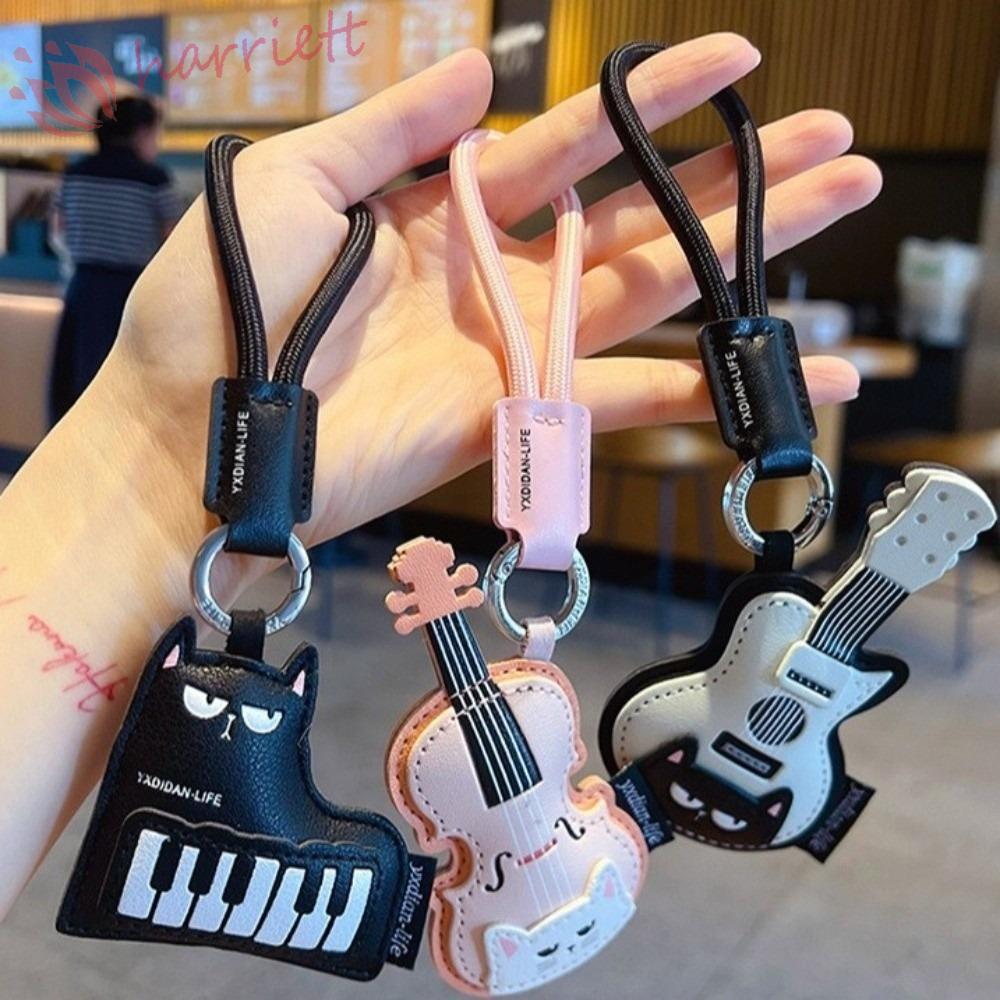 HARRIETT พวงกุญแจไวโอลินการ์ตูน, กีตาร์พร้อมพวงกุญแจแมว Carabiner, หนัง PU แปลกใหม่ไม่ซีดจางทนต่อการสึกหรอพวงกุญแจหนัง PU เพลงคนรักของขวัญ