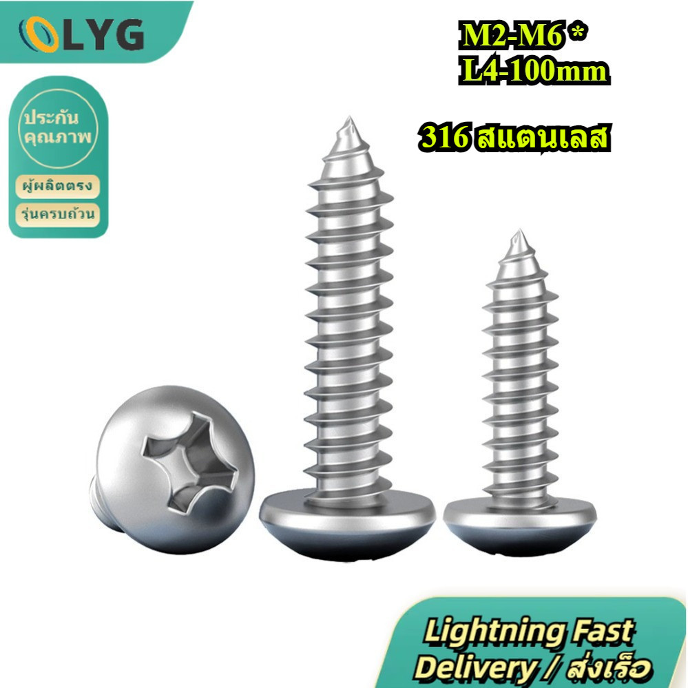 สกรู เกลียวปล่อย สแตนเลส 316 หัวกลม หัวแพน แฉก P+ ปลายแหลม น็อต Pan Head Phillip Tapping Screw SUS316 M2-M6 * L4-100mm【LYG-MB】