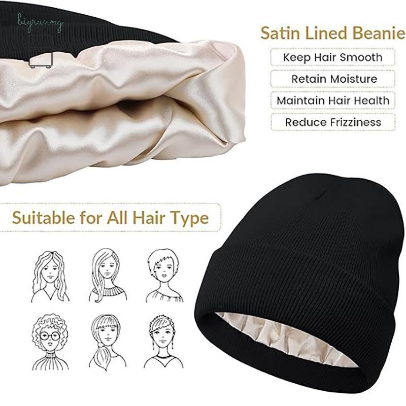 🍂🍂[BRN] 2025 คุณภาพสูง Cuffsed หนาผ้าไหมซาตินเรียงราย Beanie Custom Blank Beanie Slouchy หมวกฤดูหนาวถักหมวกซาตินซับ TH