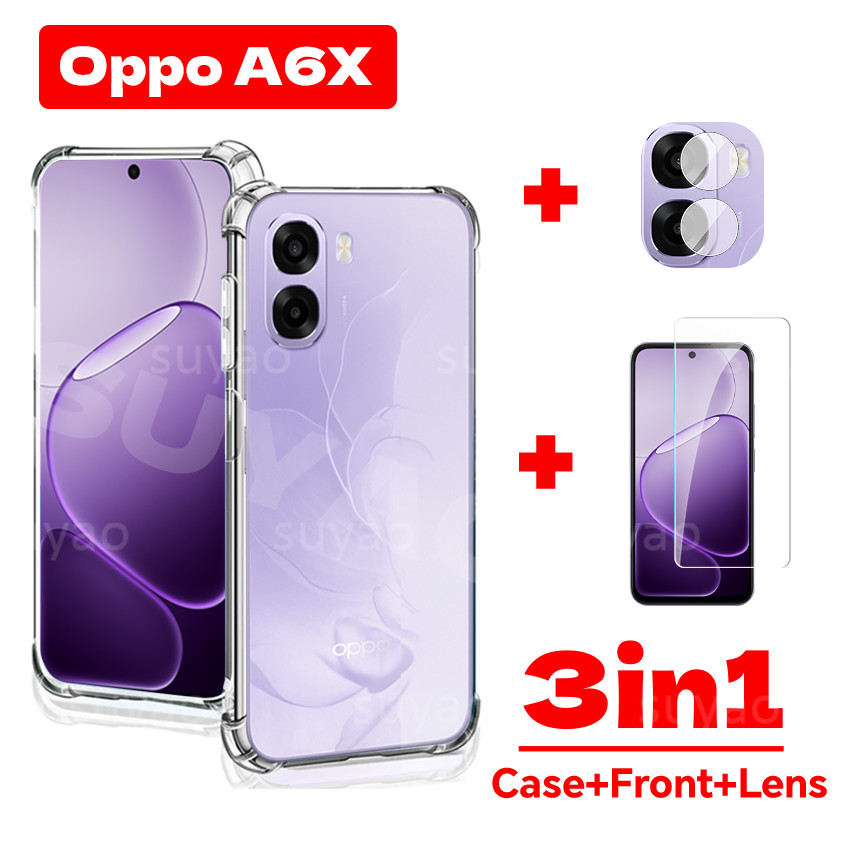 สําหรับOppo A6X A6 X A6T Pro 2025 3in1 เคสโทรศัพท์ปลอกใสOppoA6X OppoA6Tกระจกนิรภัยหน้าจอป้องกันฟิล์มกล้องกันกระแทกนุ่มTPU Simple HD 9Hปกหลัง