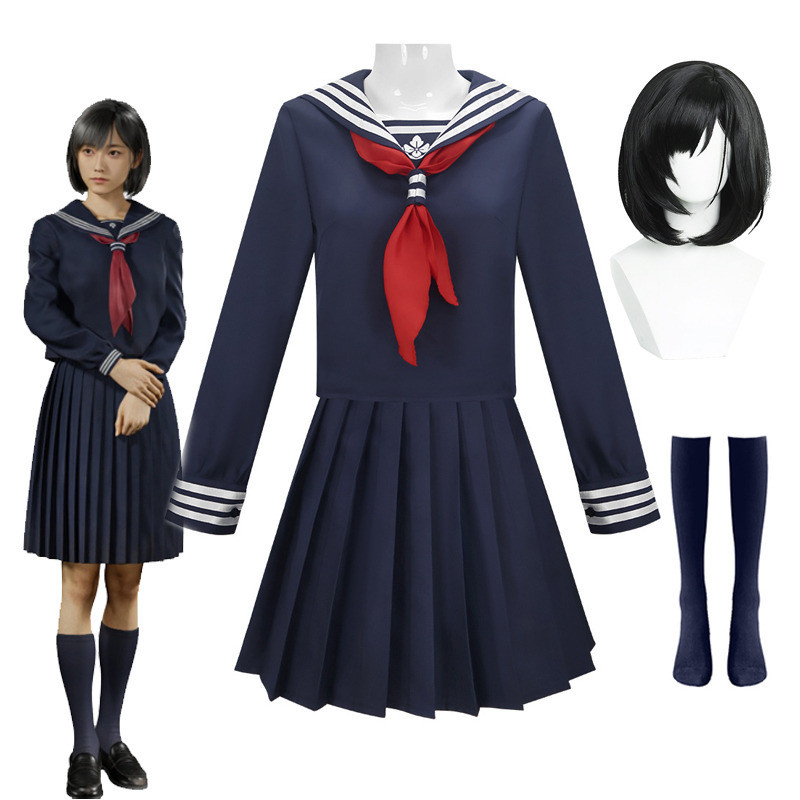 Hinako Shimizu คอสเพลย์เครื่องแต่งกายวิกผมหน้ากากเลือดสีแดงน้ําเงินเงียบชุดนักเรียนเกม Roleplay ฮาโลวีนชุดปาร์ตี้ JK ชุด