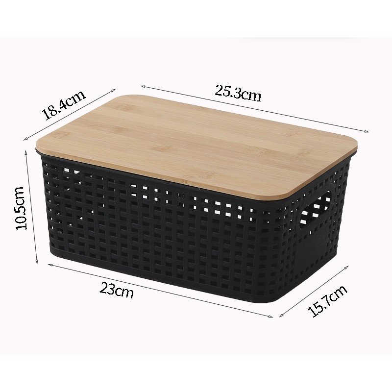 ตะกร้าพลาสติกมีรู+ฝาไม้ไผ่ กล่องเก็บของฝาไม้ มินิมอล ซ้อนเก็บได้ จัดบ้านให้เป็นระเบียบ กล่องเก็บของพลาสติกสาน - รูปที่ 4