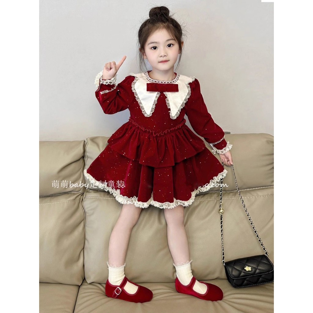 KAHNOM6462 พร้อมส่งในไทย เดรสออกงานสีแดงผ้ากำมะหยี่+กลิตเตอร์ งานสวยตรงปก ไซส์ 100-160 งานจริงในภาพ