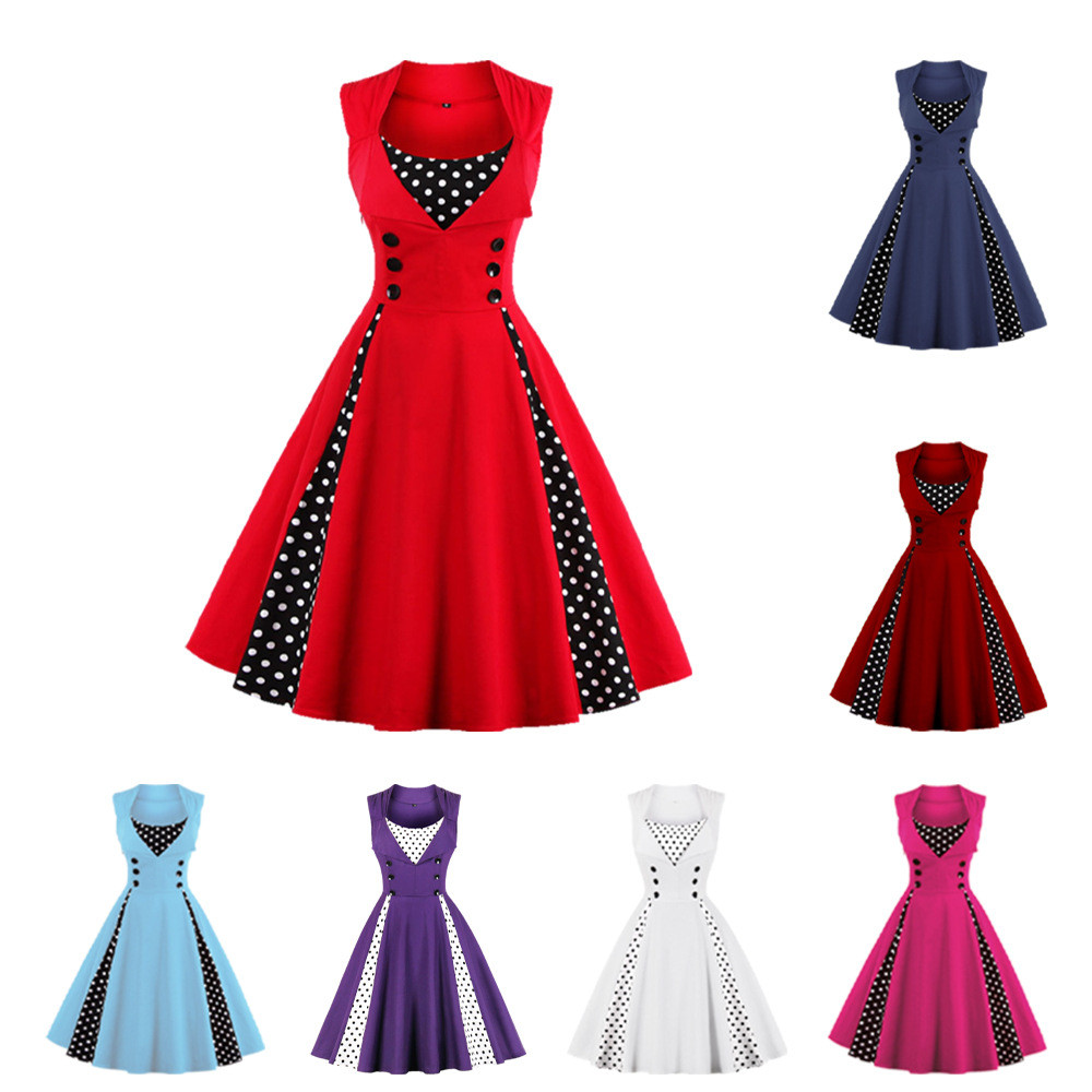 กระโปรงสตรี Big Swing Gothic 50S Retro Red Polka Dot Dress 1357 อุปทานโดยตรง