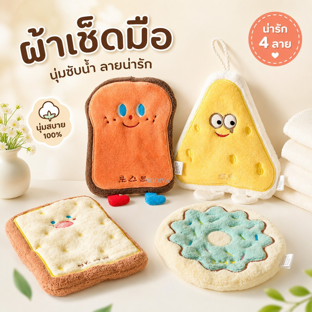 ผ้าเช็ดมือ หนานุ่ม ซับน้ำดี แห้งเร็ว แบบแขวน ใช้ในห้องน้ำ ห้องครัว ลายน่ารัก พร้อมส่ง