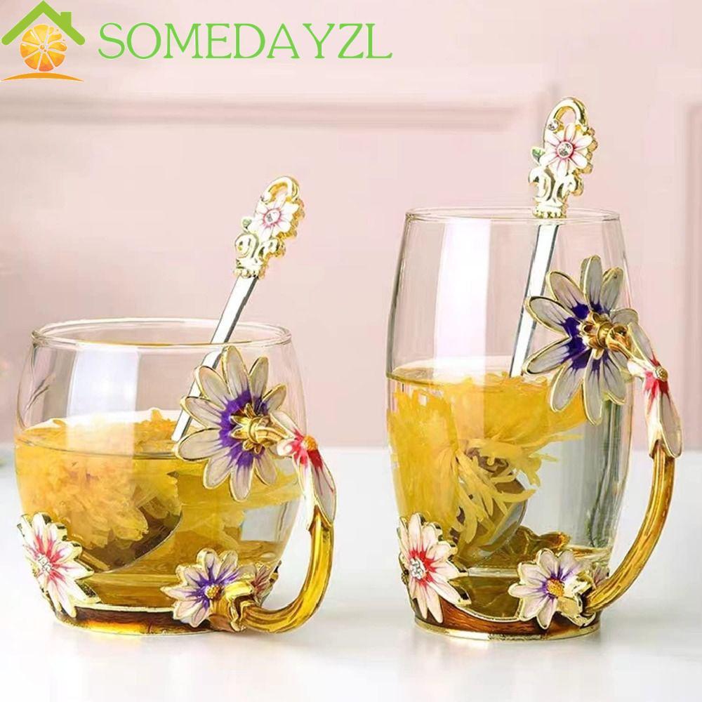SOMEDAYZL แก้วกาแฟแก้ว, Vintage Elegant ถ้วยชาชุดแผ่น, ตะกั่ว-ฟรีตกแต่ง Handle Handmade เคลือบดอกไม้แก้วใสถ้วยน้ําชาแม่ของขวัญ