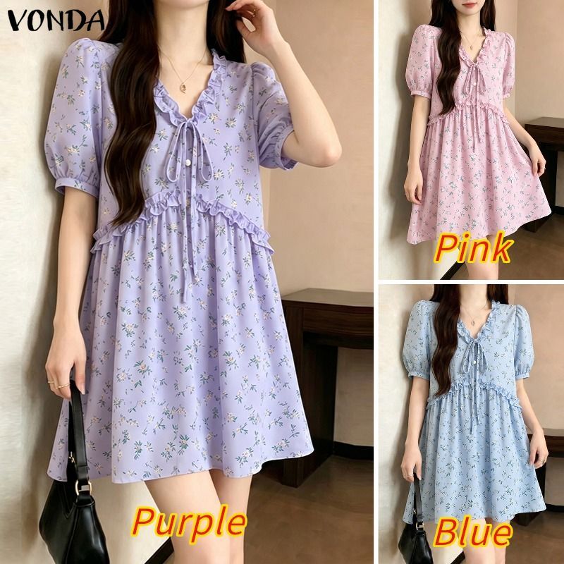 VONDA ผู้หญิงเกาหลีลําลองทอดอกไม้ V คอ Ruffle Tie เอวแยกออกแบบปกติไหล่พัฟแขนสาย Ruffle Hem หลวมประเภทแขนสั้นมินิเดรส — صورة 3