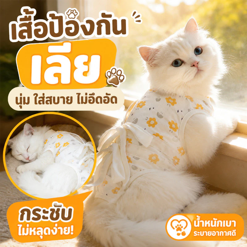 ชุดกันเลียแผล เสื้อหลังทำหมันแมว ผ้านิ่มใส่สบาย ระบายอากาศ ผ้าตาข่าย เสื้อหลังผ่าตัด ผูกโบ ผ้านุ่มต่อผิว การระบายอากาศ
