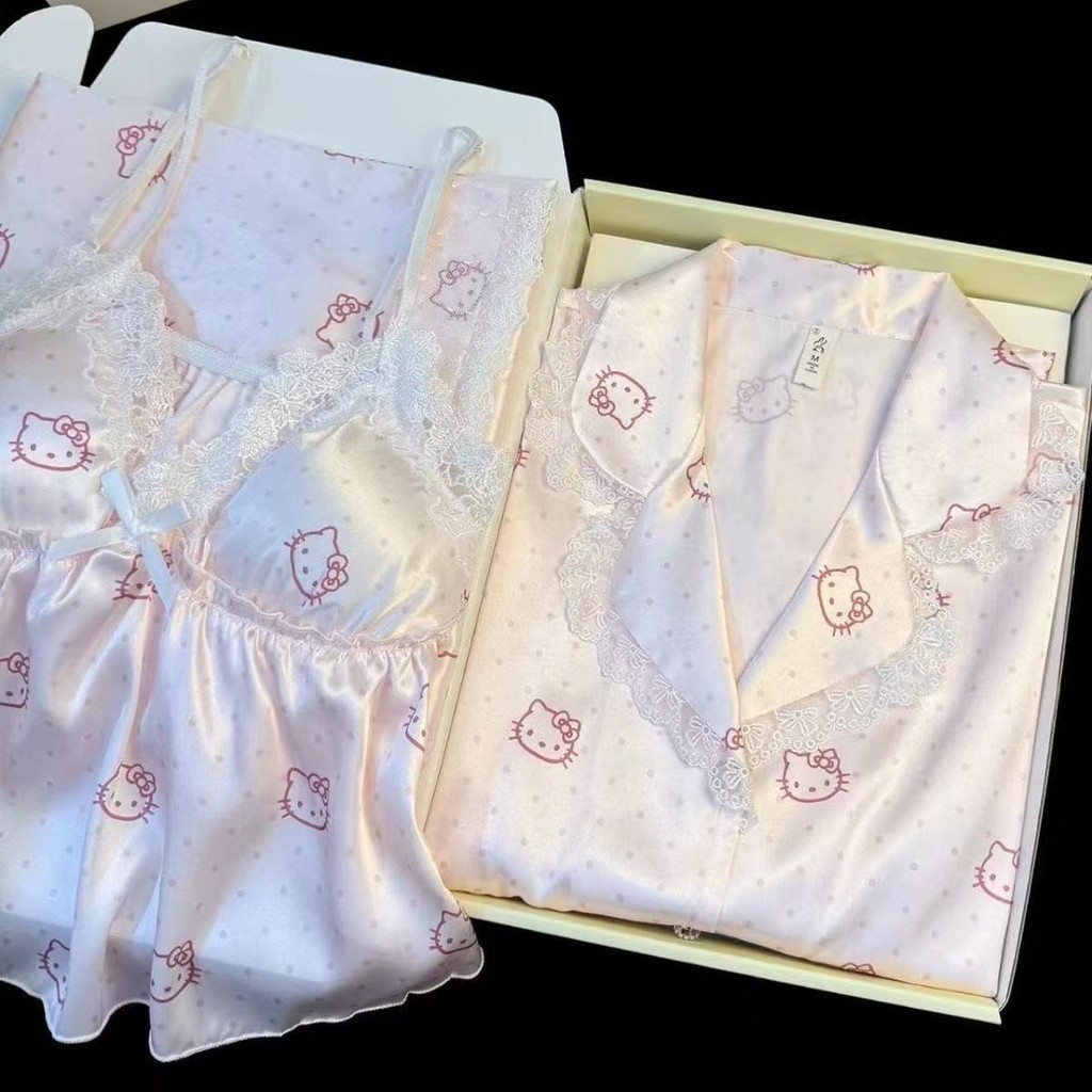 Kitty Kitty Kitty Cat Sweet Girl Homewear ผ้าไหมน้ําแข็งบางแขนสั้นกางเกงสี่ชิ้น Homewear.Kitty kitty