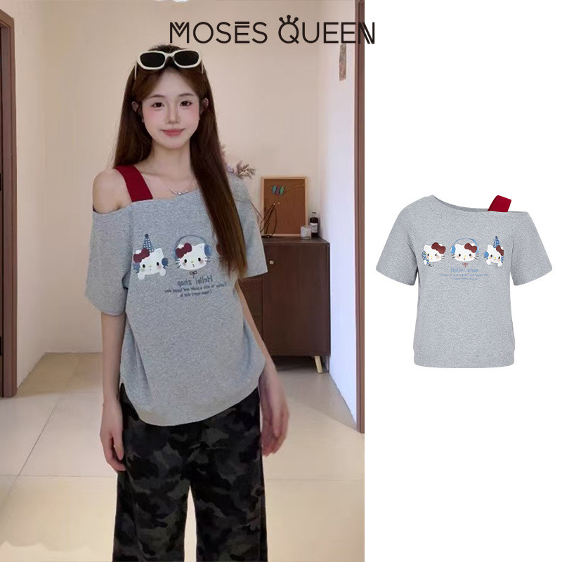 MOSESQUEEN เสื้อยืดแขนสั้นเปิดไหล่พิมพ์ลาย Kitty Cat - สไตล์ผ่อนคลายและวางกลับเอฟเฟกต์สลิมมิ่งเผยให้เห็นไหล่ #63653